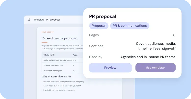 PR proposal template preview with a details card over the document