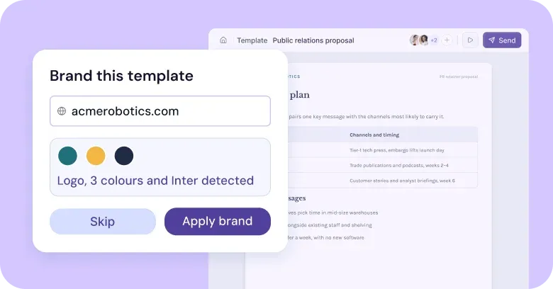 Brand this template dialog over a public relations proposal template