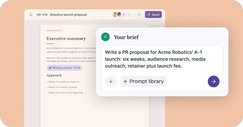 AI brief prompt for a PR proposal next to an executive summary draft